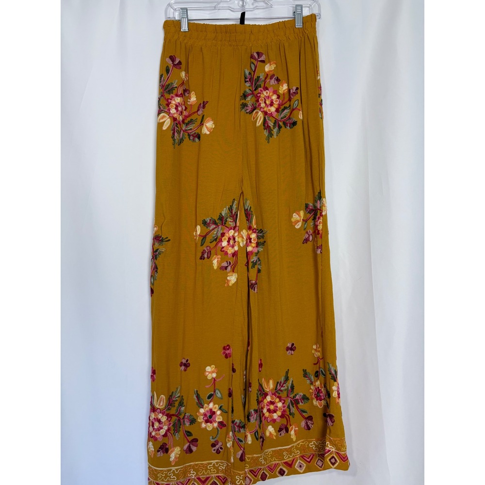 Forgotten Grace Boho Mustard‎ Yellow Floral Embroidered Wide Leg Pants Medium